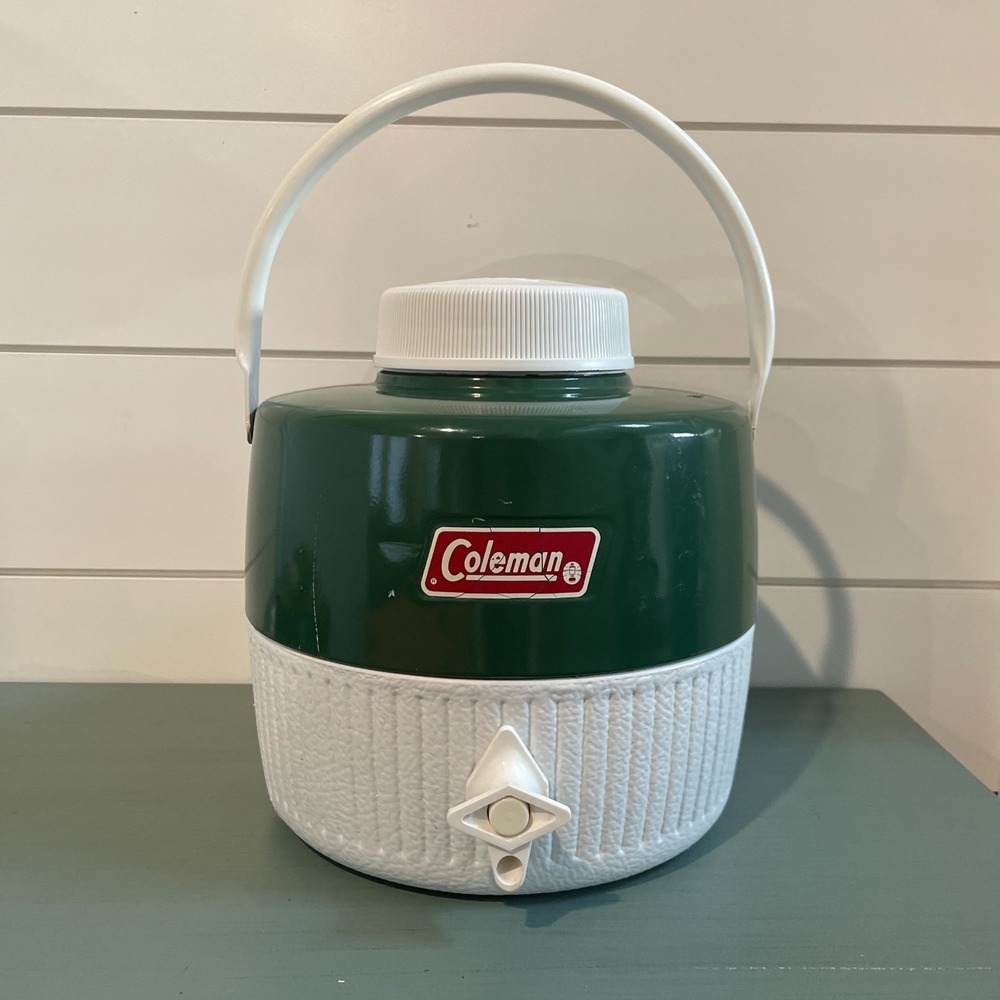 VTG Coleman 1 Gallon Water Cooler Jug with Cup Metal Green & White 70s